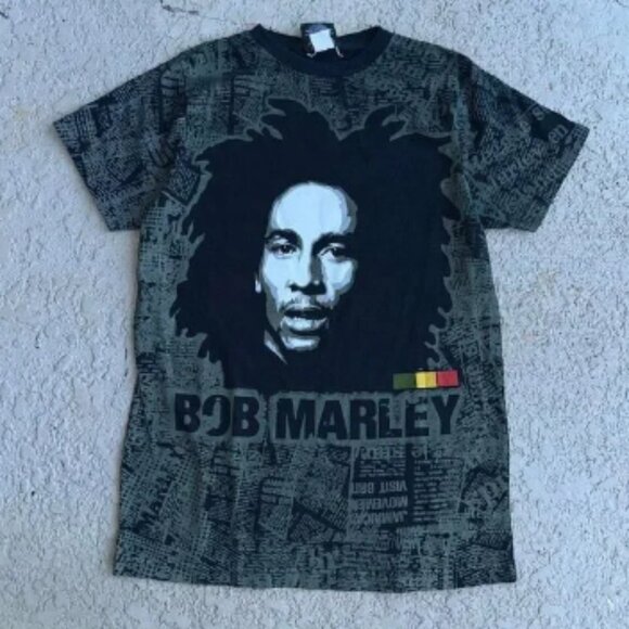 Vintage Y2K Zion Rootswear Bob Marley All Over Print Black Tee. Sz S - Picture 1 of 3